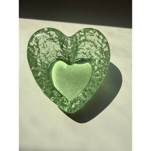 Vintage Rare Fire & Light Recycled Glass Heart  Celery Green Paperweight Signed